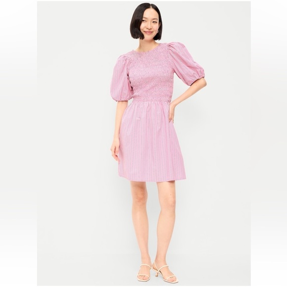 Pink Stripe Smocked Puff Sleeve Fit & Flare Mini Dress NWT L Coquette Barbiecore - Picture 2 of 7